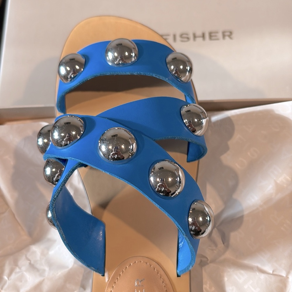 NIB [Marc Fisher] Bryte 2 Slip-On Studded Slide Flat Sandals Blue Women’s 6.5 - Picture 7 of 11